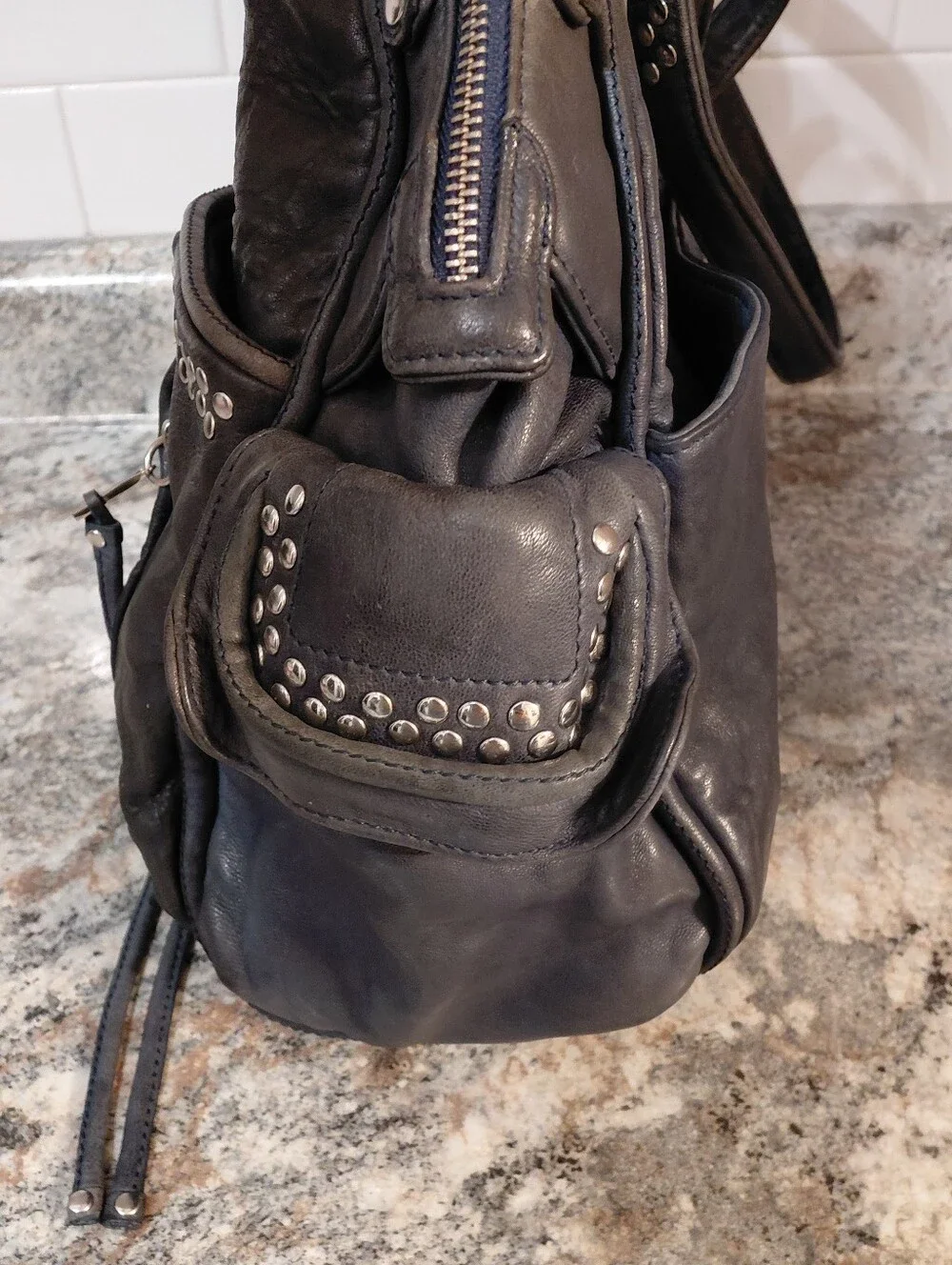 Junior Drake Charcoal Silver Studded Distressed Leather Large Hobo Bag Purse